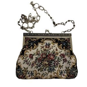 Vintage Floral Tapestry Fabric Purse with Goldtone Chain Handle Evening Bag